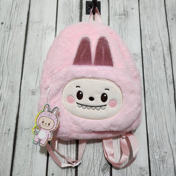 Labubu Mini Backpack Pink Fluffy Soft Cute Kawaii Sparkly Ears 2 Zippers New - Picture 1 of 11